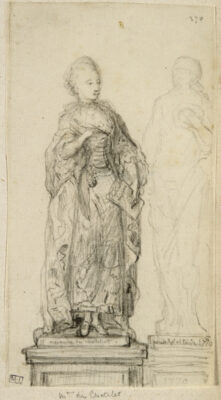 Design for a never-realized statue of Du Châtelet, drawn by Gabriel de Saint-Aubin in 1770. 