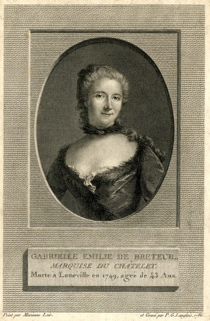Print by Pierre Gabriel Langlois the Elder after the painting of Du Châtelet by Marianne Loir. 