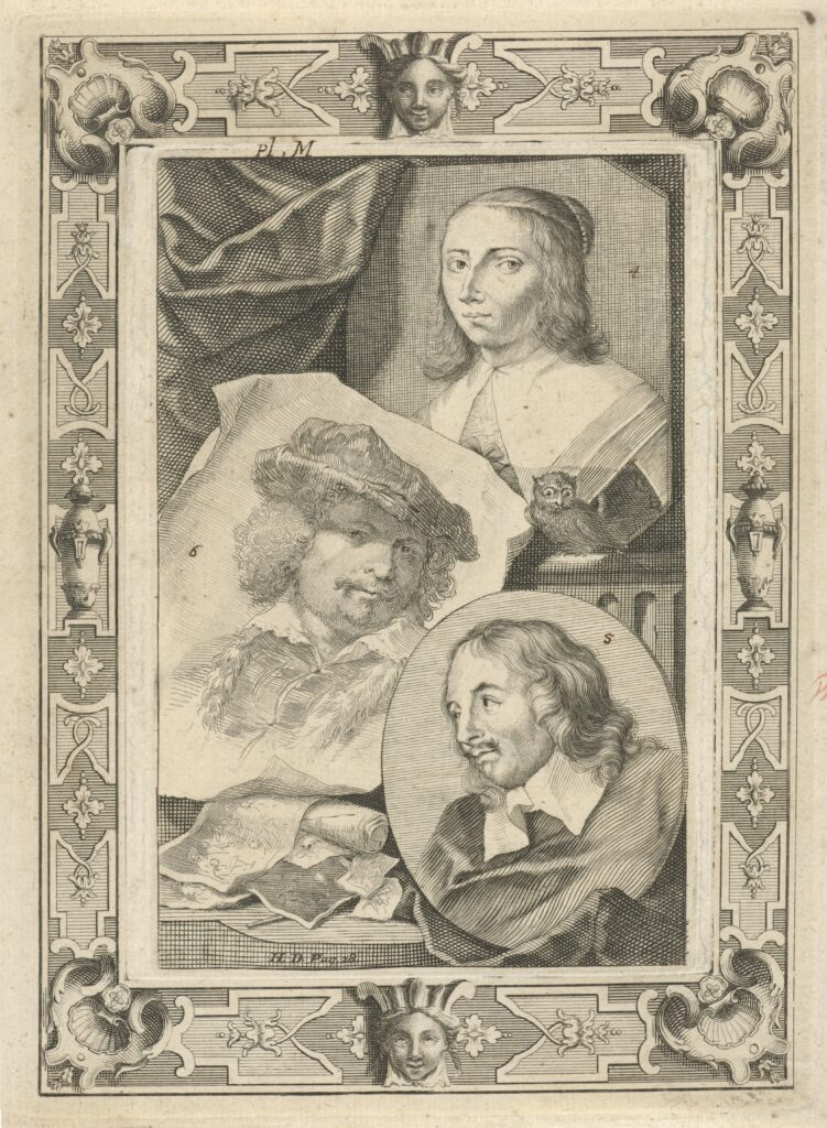 Portrait of Anna Maria van Schurman, Jacob Adriaensz Backer, and Rembrandt Harmensz van Rijn printed in 1729. 