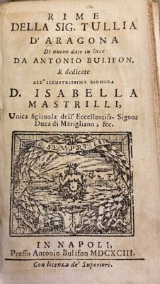 Title page to the re-edition of D'Aragona's collected poetry published by Antonio Bulifon in 1693