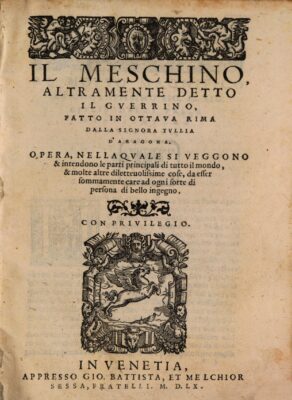 Title page of D'Aragona's epic poem titled "Il Meschino" and published in 1560