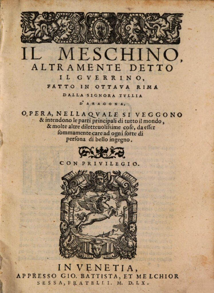 Title page of D'Aragona's epic poem titled "Il Meschino" and published in 1560