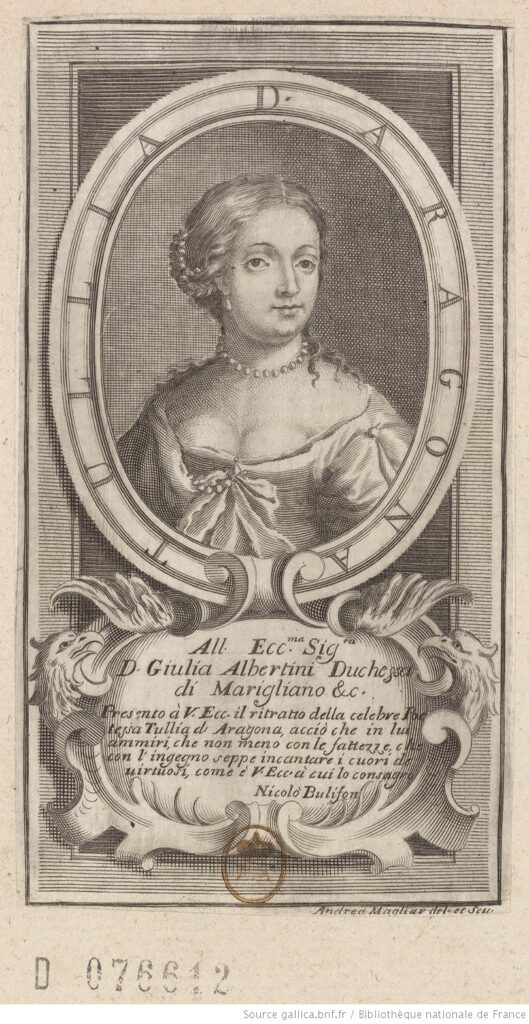 Portrait of D'Aragona printed as the frontispiece to the re-edition of her poetry published in 1693