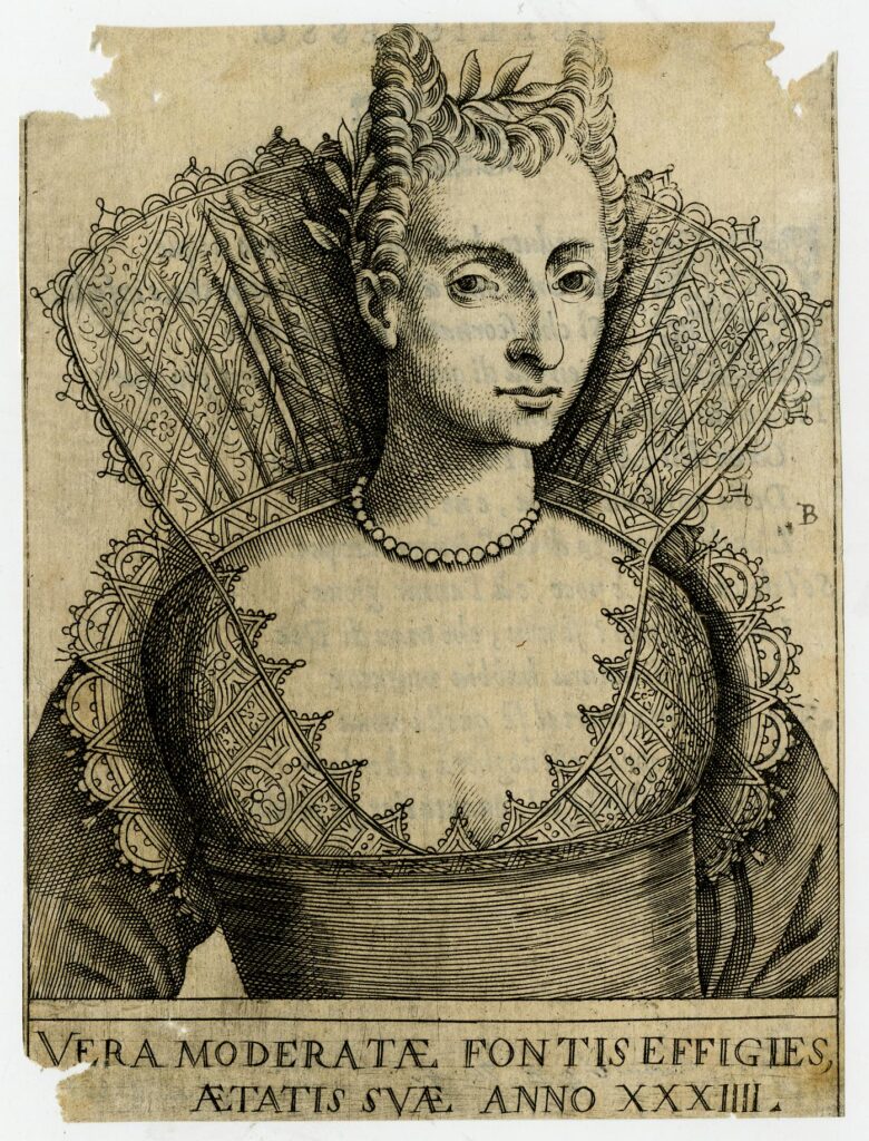 Portrait of Moderata Fonte printed in her dialogue titled "Il merito delle donne" and published in 1600