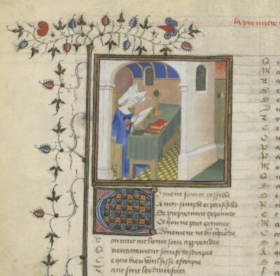 Detail of a manuscript page from Christine de Pizan's book titled "The Book of Deeds of Arms and of Chivalry"