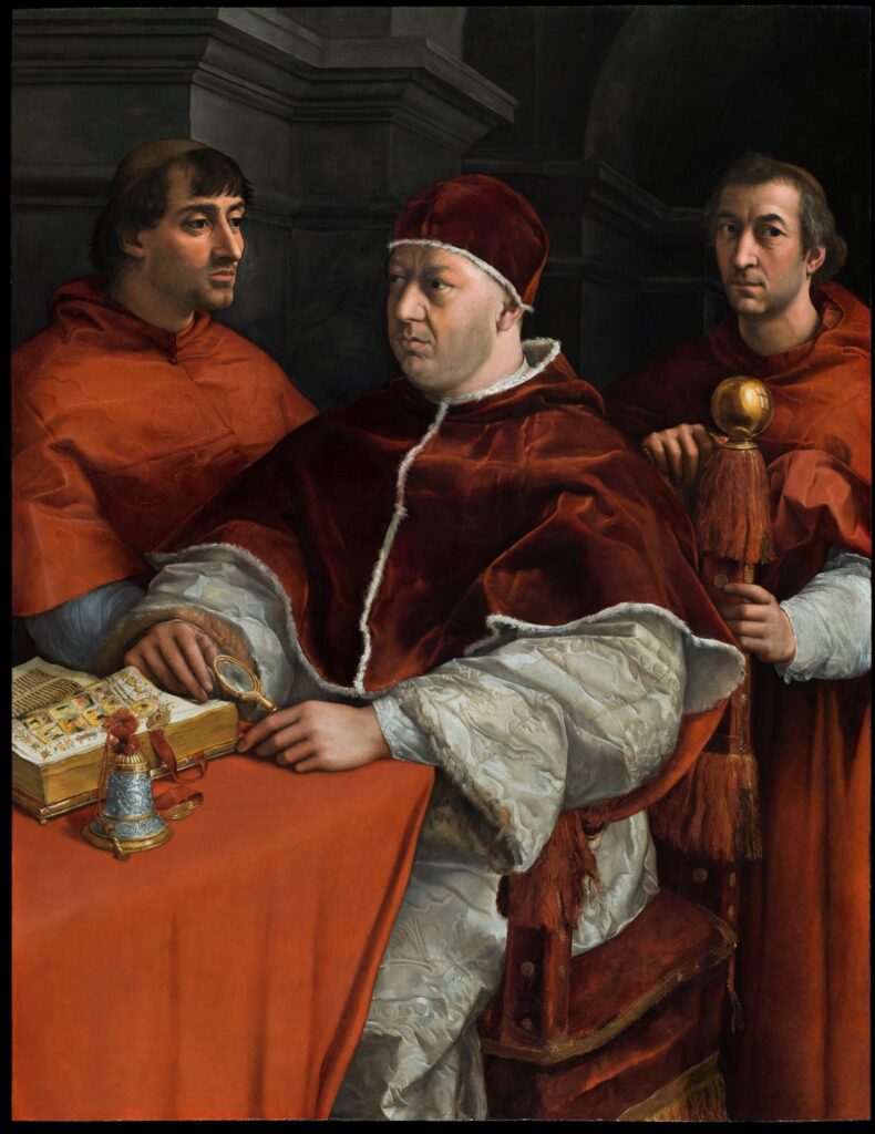 Group portrait of Pope Leo X with Cardinals Giulio de' Medici and Luigi de' Rossi painted by Raphael circa 1518