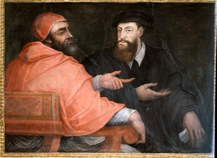 Group portrait of Clement VII talking to Charles V 