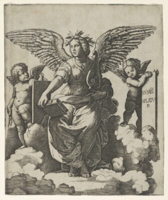 Poetry personified as a winged woman, printed by Marcantonio Raimondi after Raphael circa 1515