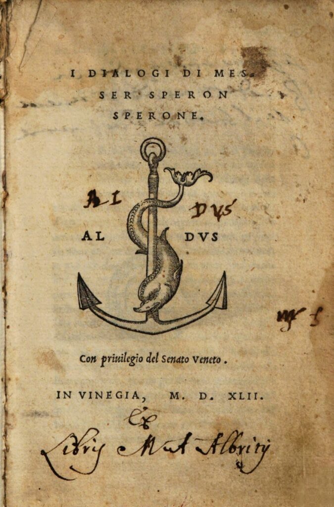 Title page to Sperone Speroni's lyric dialogues published in 1542