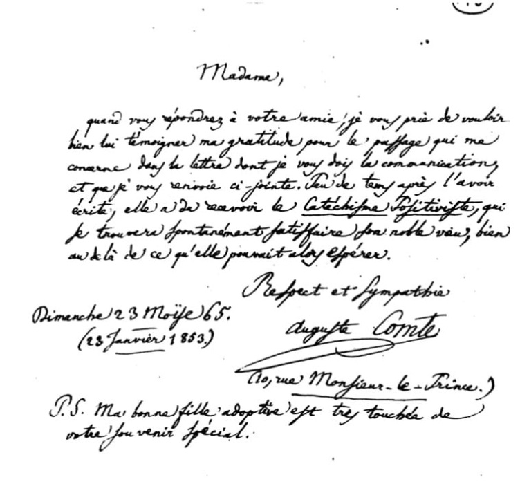 A brief handwritten letter from Auguste Comte to Nísia Floresta.