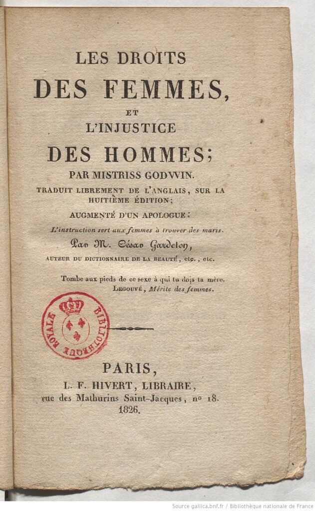 Title page of Les droits des femmes, et l'injustice des hommes by Mary Wollstonecraft (1826 Paris edition).