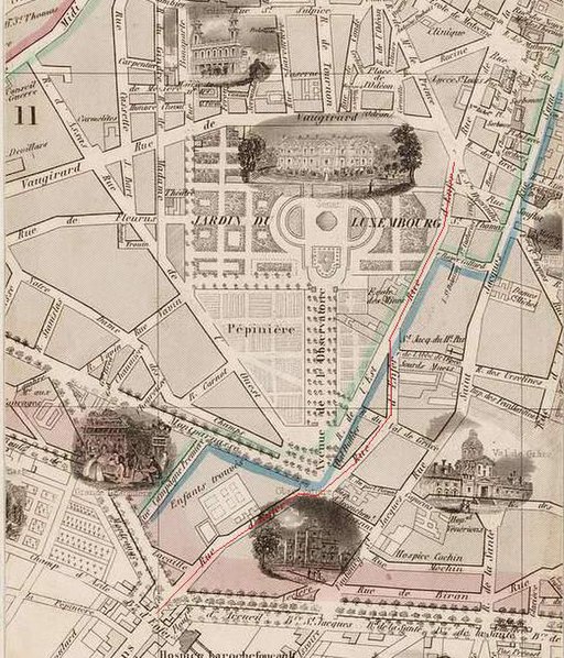 1857 map showing the location of Rue d'Enfer in Paris. The street passes near the Jardin du Luxembourg in the 6th arrondissement.