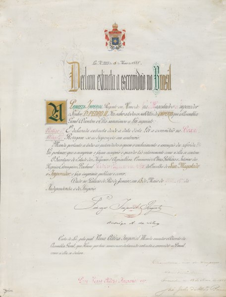 Manuscript of the Golden Law, the declaration that ended slavery in Brazil (May 13, 1888).