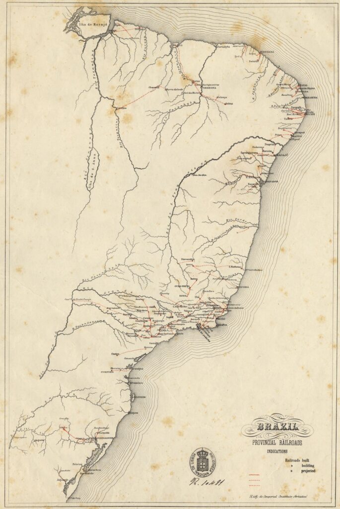 Map of eastern Brazil depicting the layout of provincial railroads in the 19th century.