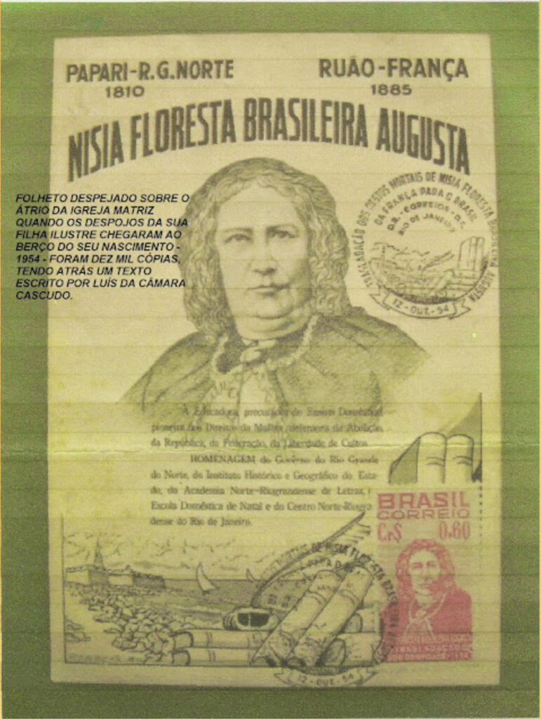 A leaflet produced on the arrival of Floresta's remains in Brazil. The single page features a portrait of Floresta, her dates of birth and death, and the Floresta postage stamp created in 1954.