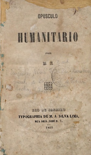 Title page of Floresta's work Opúsculo humanitário (1853). Indistinct handwriting is visible across the middle of the page.