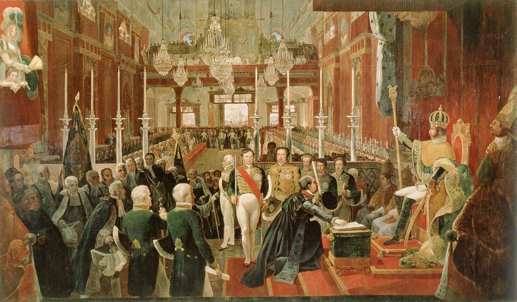 Oil painting of the coronation of Pedro I (1822) depicting officials as they take an oath of allegiance to the emperor.