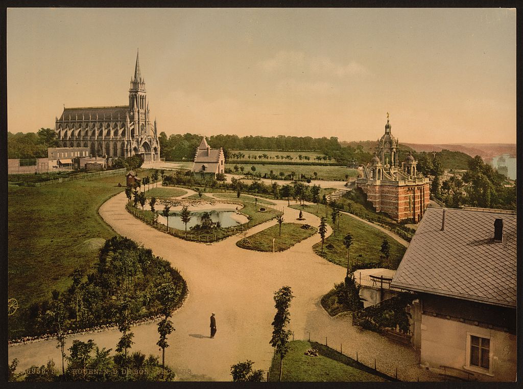 Photomechanical print depicting Notre Dame de Bon Secours and Joan of Arc's Monument in Rouen.