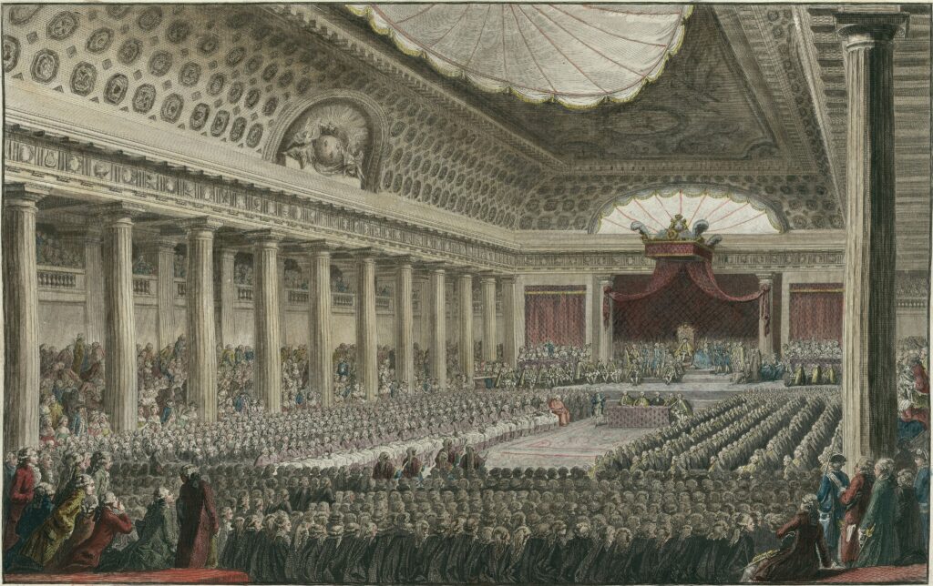 An etching of a large crowd in a large room located in Versailles.