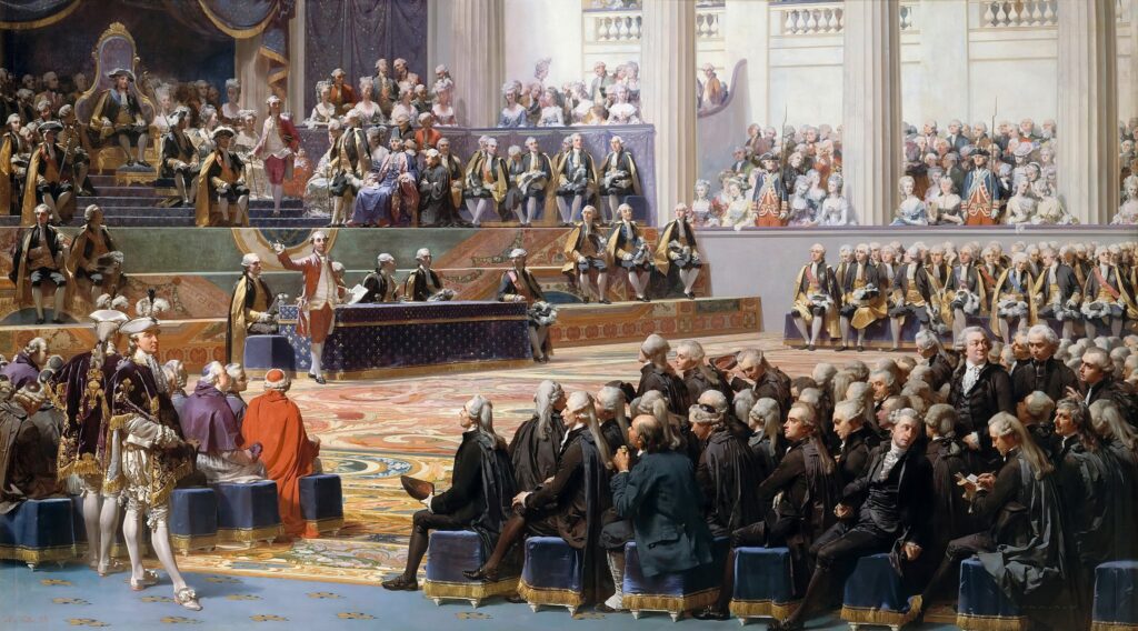 An oil painting of the French General Assembly in a large room with romantic lighting.