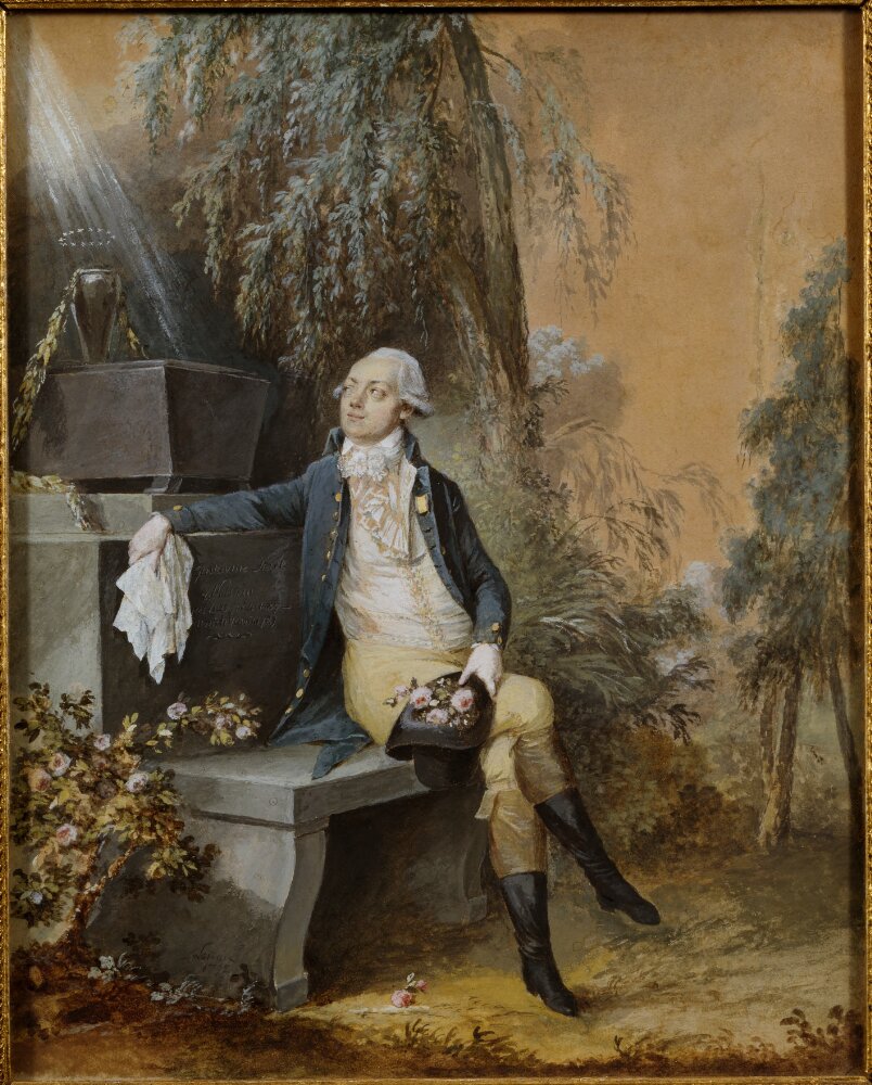 A watercolor on paper of Germaine de Staël's husband and Swedish ambassador in Paris, Erik Magnus Staël von Holstein, wearing a Werther costume and sitting with a melancholic expression on a park bench below the monument to his first-born daughter Gustavine, who died at the age of two in 1789.