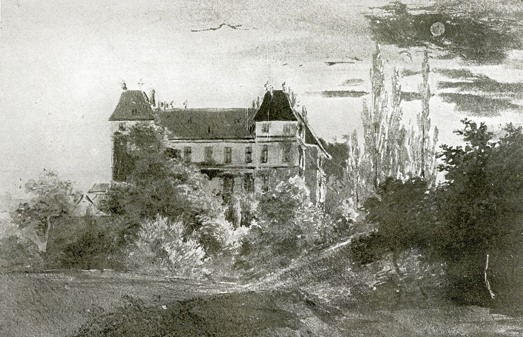 Black and white image of le Château de Coppet surrounded by trees.