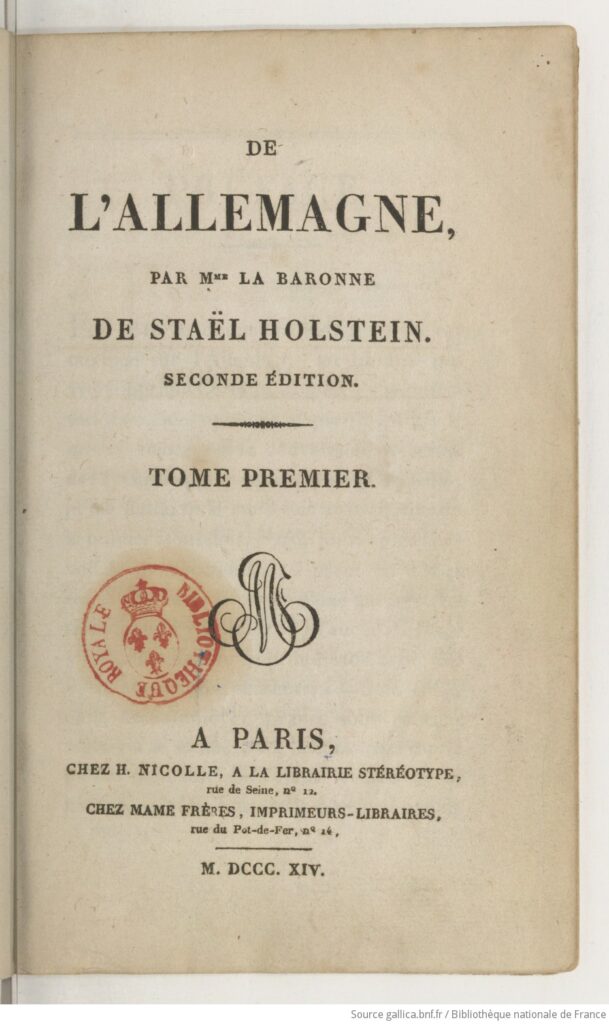 Scan of the title page to Germaine de Staël's second edition of On Germany.