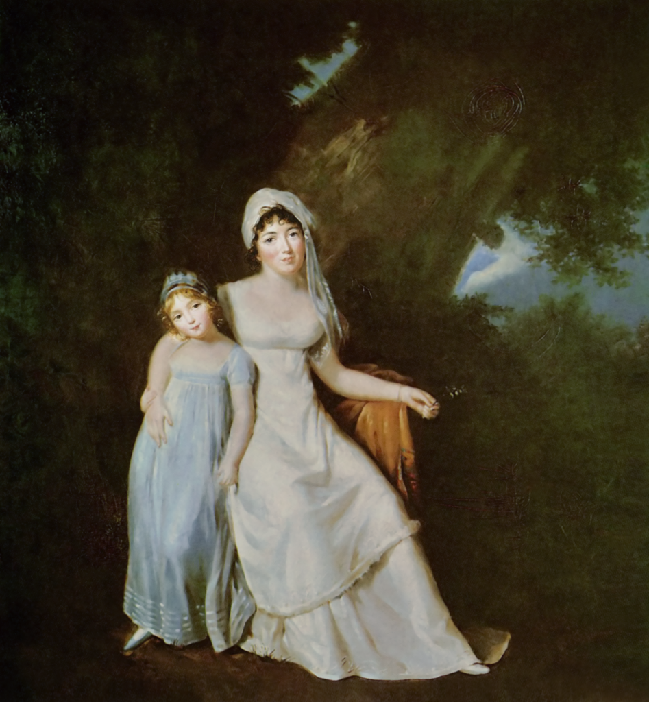 Oil painting of Germaine de Staël with her daughter, Albertine. Staël has her arm wrapped around her daughter.