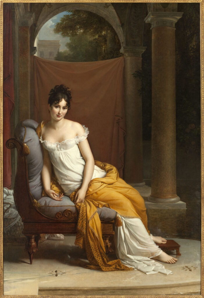 An oil painting of Juliette Récamier, friend of Germaine de Staël, slightly reclining.