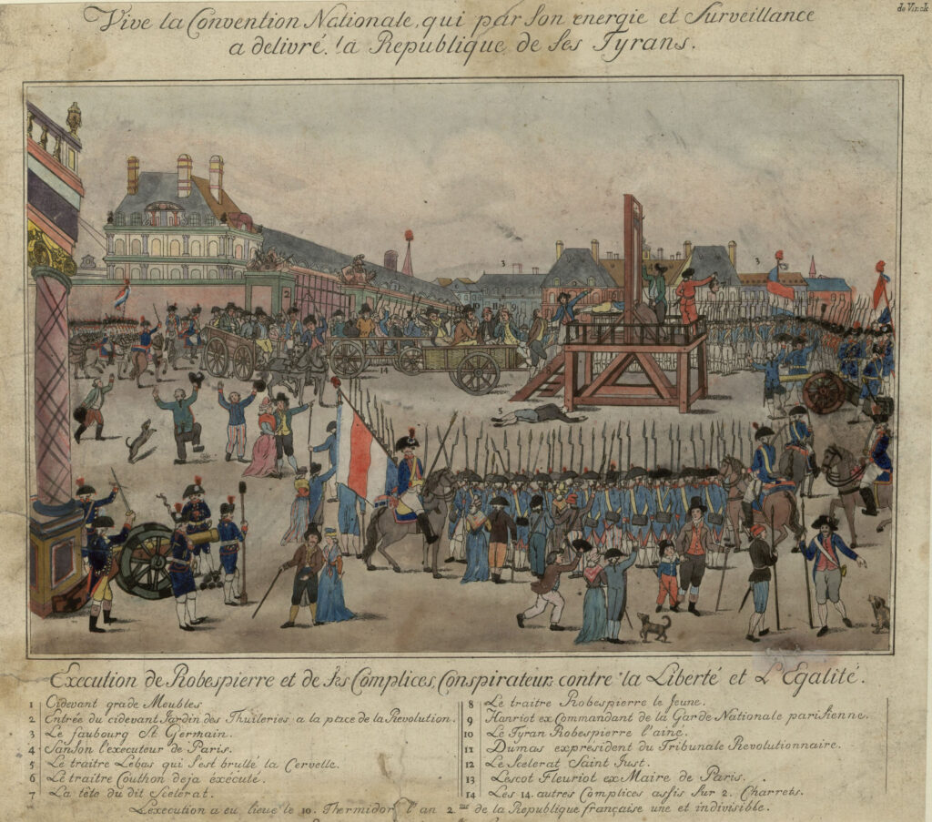 A color print of the execution of Robespierre and his supporters in a courtyard with gallows on July 28, 1794.