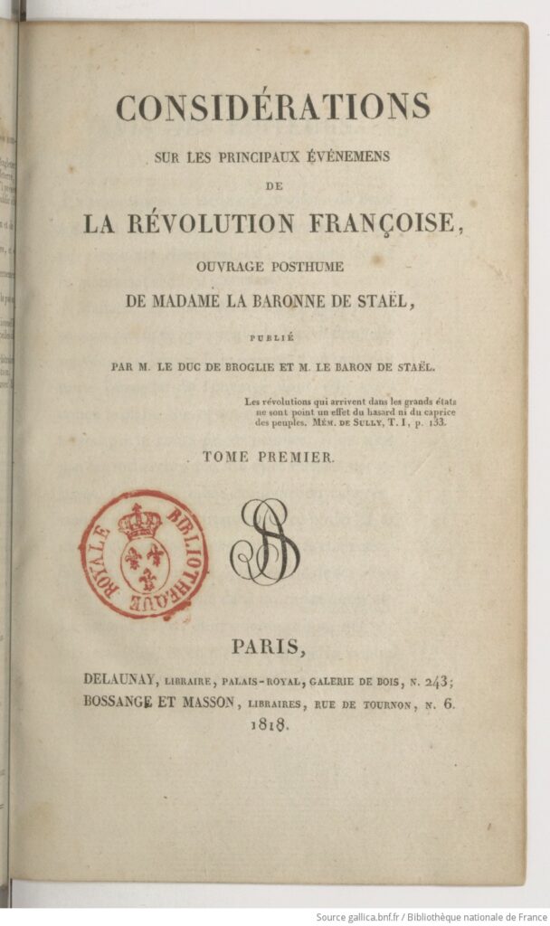 Scan of the title page to the 1818 Considérations sur les principaux événemens de la révolution françoise by Germaine de Staël.