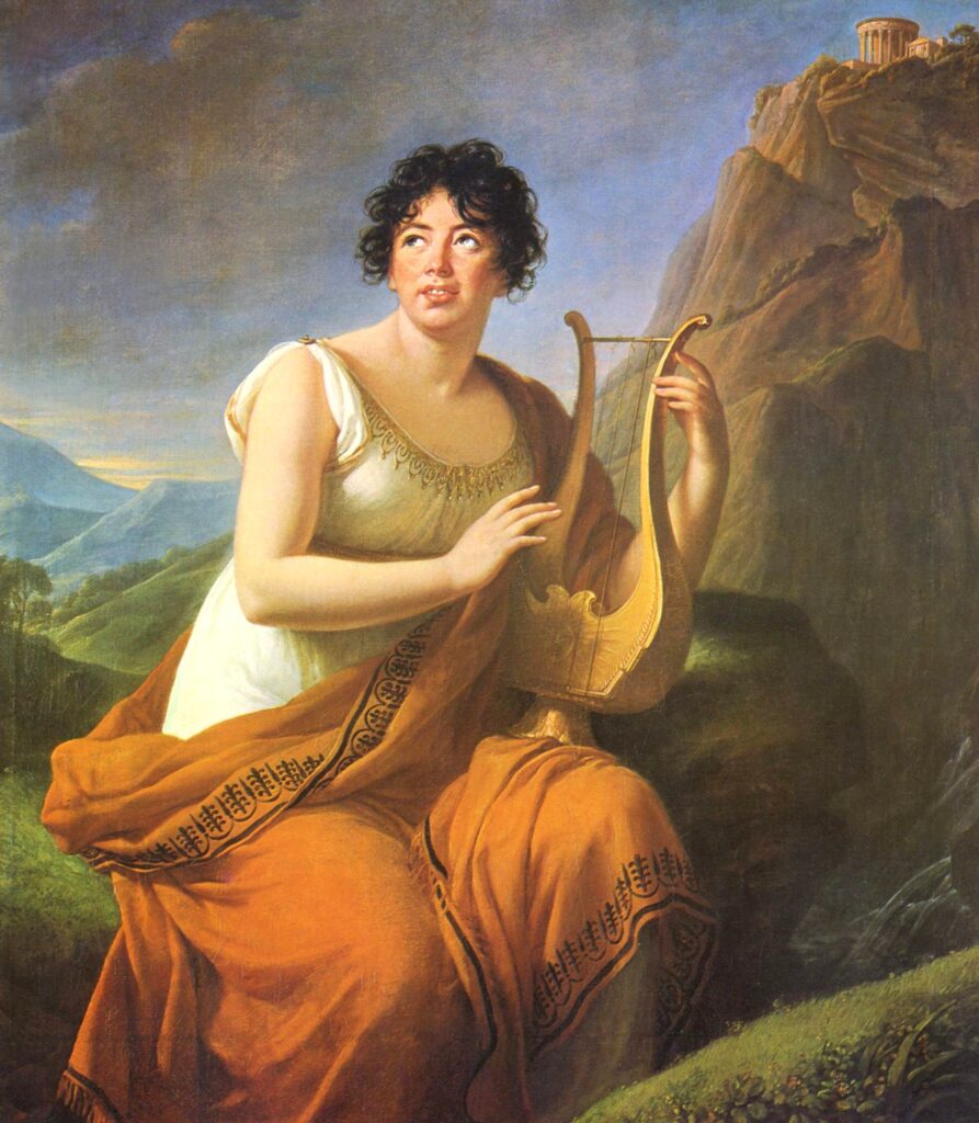 Oil portrait of Germaine de Staël as one of her novel protagonists, Corinne. She is holding a lyre and looking upward toward the skies.