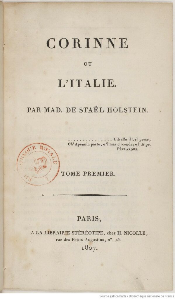 Scan of the title page to the 1807 Corinne ou l'Italie by Germaine de Staël.