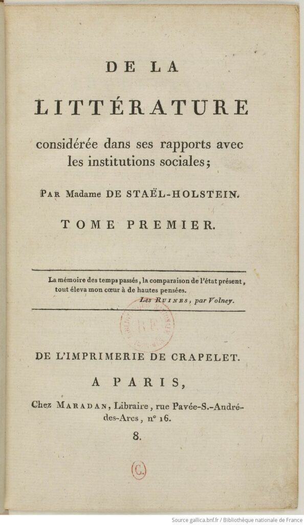 Scan of the title page to De la litterature by Germaine de Staël.