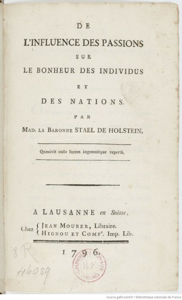 Scan of the title page to the 1796 De On the De l'influence sur le bonheur des individus et des nations.