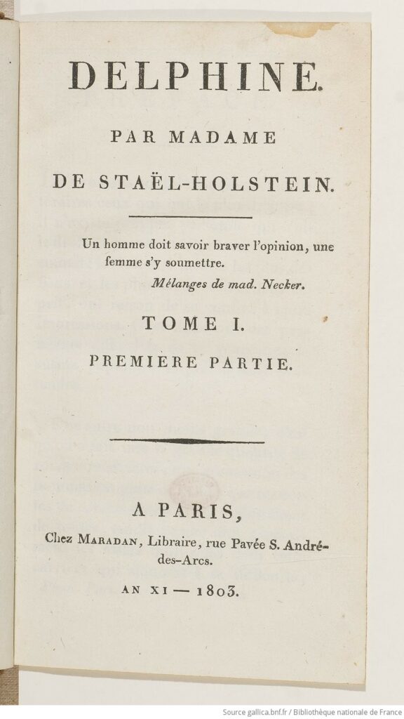 Scan of the title page to the 1803 Delphine by Germaine de Staël.