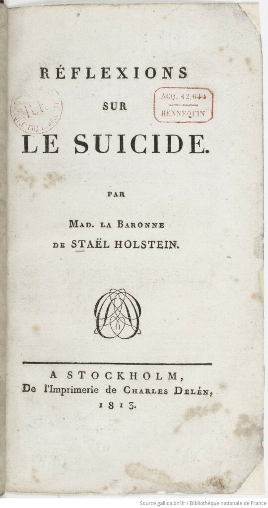 Scan of the title page to the 1813 Réflections sur le suicide by Germaine de Staël.