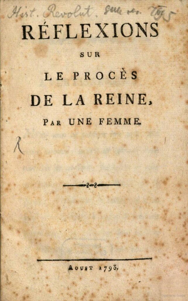 Scan of title page Réflexions sur le procès de la Reine by Germaine de Staël, 1793.