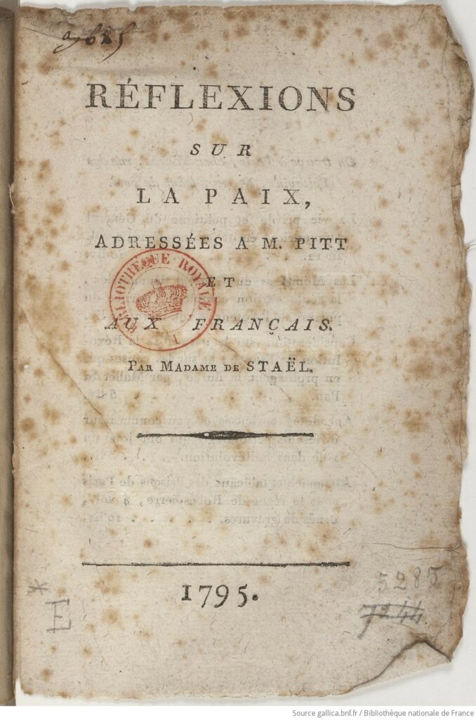 Réflexions sur la paix, by Germaine de Staël, 1795.