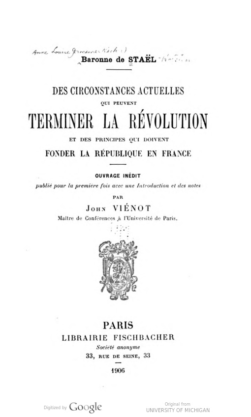Scan of title page to Title page Des Circonstances Actuelles.