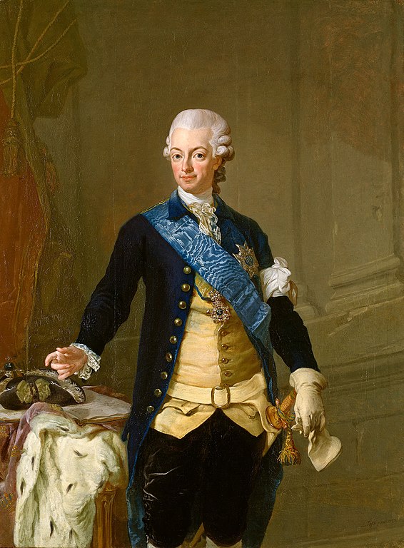 Portrait Gustav III Sweden standing and gesticulating as if making a point.